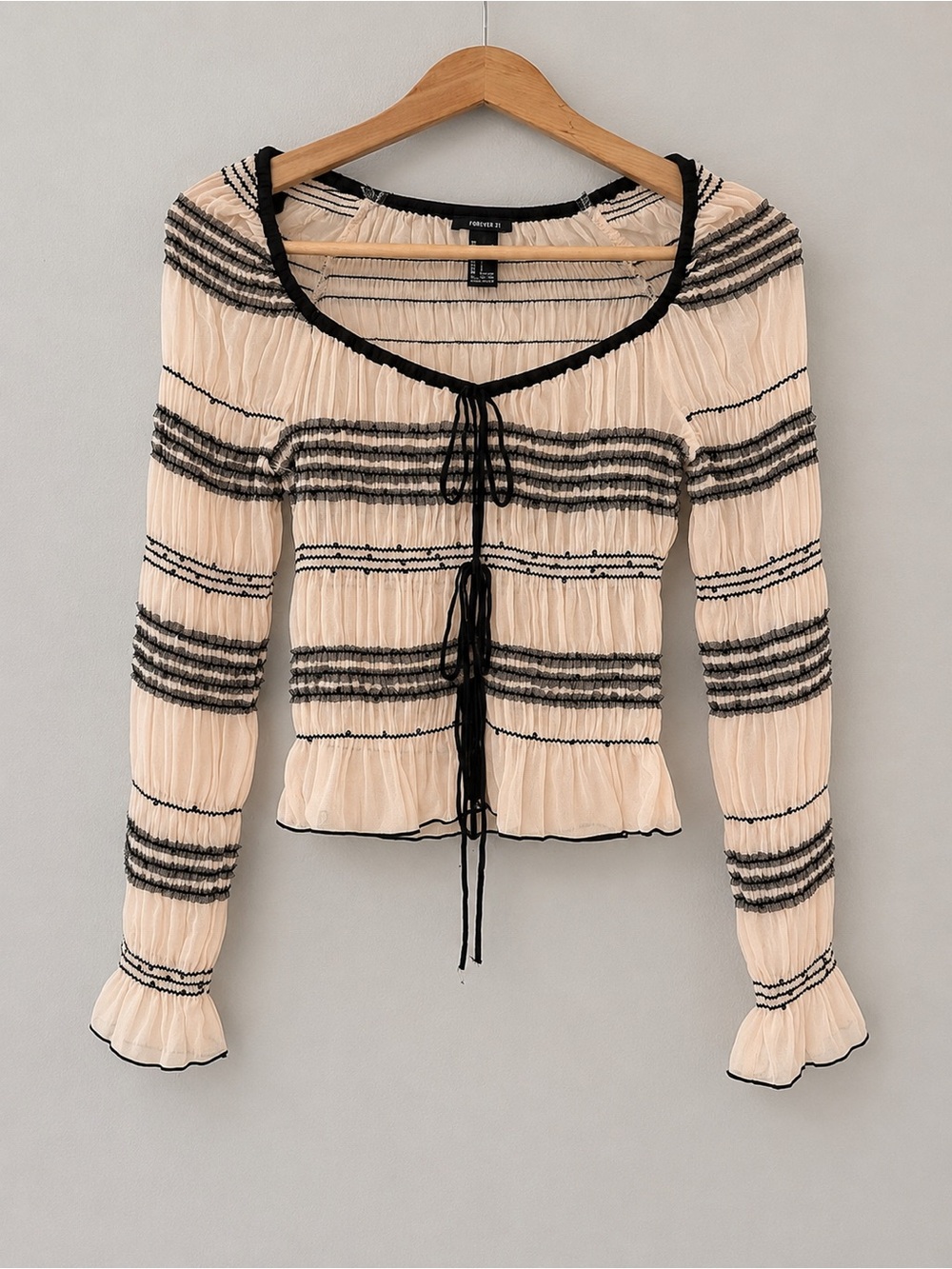 Forever 21 Cream Blouse with Black Smocked Stripes